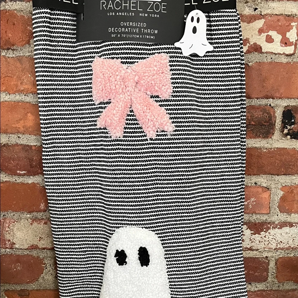 Rachel Zoe Black and White Striped Throw with Ghost and Pink Bow